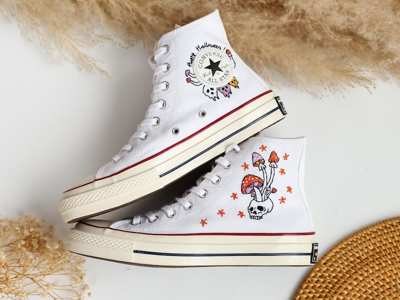 Custom Converse Embroidered, Mushrooms and Ghost Embroidered Shoes, Sugar Skull Embroidered Sneaker, Embroidered Wedding Reception Shoes