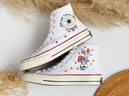 Custom Converse Embroidered, Mushrooms and Ghost Embroidered Shoes, Sugar Skull Embroidered Sneaker, Embroidered Wedding Reception Shoes