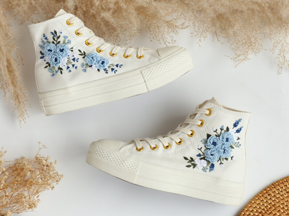 Embroidered Converse Platform, Wedding Converse Embroidery Dusty Blue Floral, Wedding Flowers Embroidered Sneakers, Wedding Shoes for Bridal