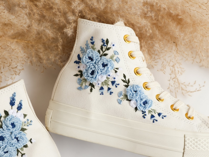 Embroidered Converse Platform, Wedding Converse Embroidery Dusty Blue Floral, Wedding Flowers Embroidered Sneakers, Wedding Shoes for Bridal