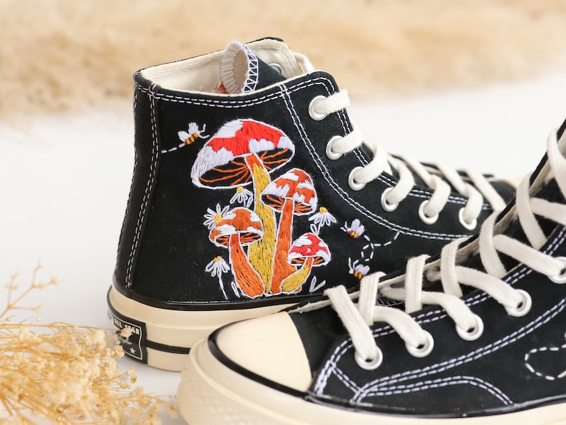 Custom Converse Embroidered Shoes, Converse Embroidery Mushroom, Bee, Colorful Mushroom Garden Embroidered Converse for Men, Mushroom Gifts