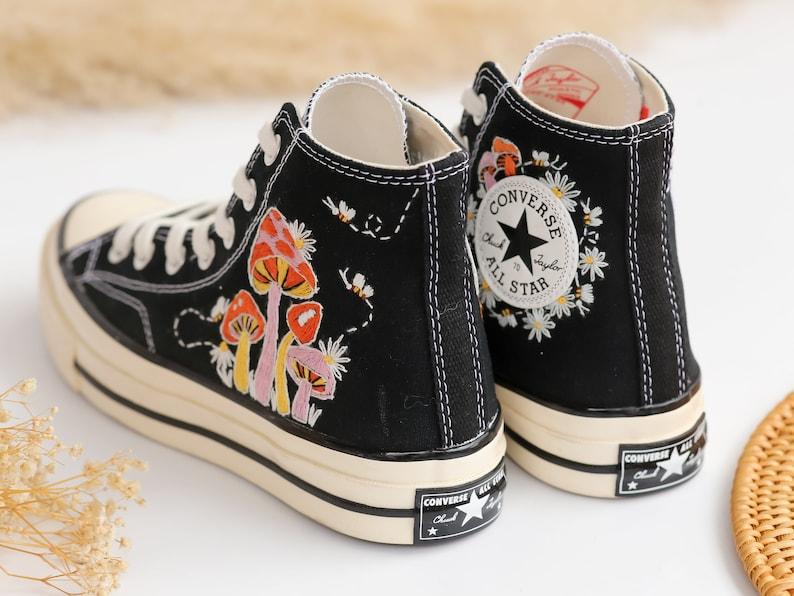 Custom Converse Embroidered Shoes, Converse Embroidery Mushroom, Bee, Colorful Mushroom Garden Embroidered Converse for Men, Mushroom Gifts