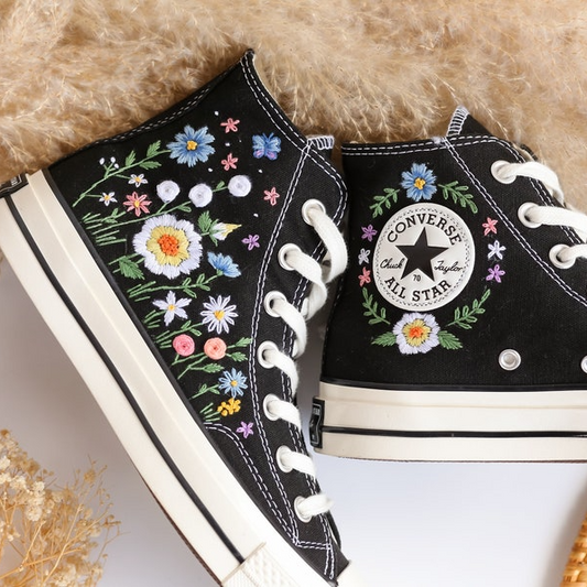 Embroidered Converse, Custom Converse Embroidered White Daisies and With Blue And Butterflies, Custom Converse High Top Chuck Taylor 1970s