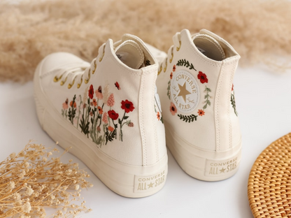 Platform Converse, Flowers Embroidered Wedding Converse Platform Shoes, Wedding Sneakers for Bride, Floral Embroidered Converse Platform