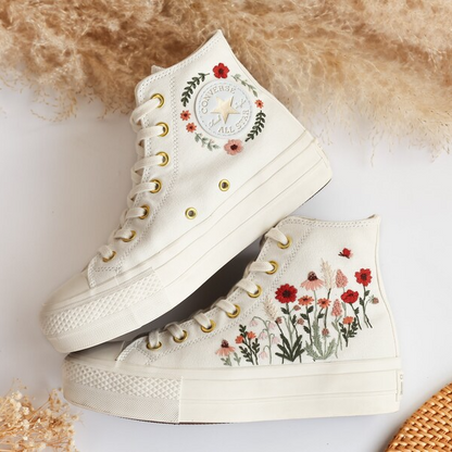 Platform Converse, Flowers Embroidered Wedding Converse Platform Shoes, Wedding Sneakers for Bride, Floral Embroidered Converse Platform