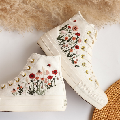 Platform Converse, Flowers Embroidered Wedding Converse Platform Shoes, Wedding Sneakers for Bride, Floral Embroidered Converse Platform