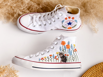 Custom Embroidered Converse High Tops, Custom Shoes Flower and Cat Embroidered, Custom Converse Embroidered Pet and Floral, Custom Pet Gifts