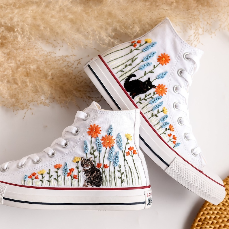 Custom Embroidered Converse High Tops, Custom Shoes Flower and Cat Embroidered, Custom Converse Embroidered Pet and Floral, Custom Pet Gifts