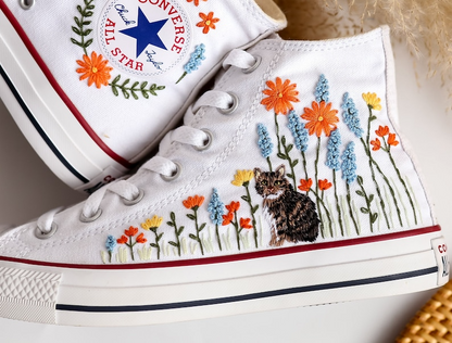 Custom Embroidered Converse High Tops, Custom Shoes Flower and Cat Embroidered, Custom Converse Embroidered Pet and Floral, Custom Pet Gifts