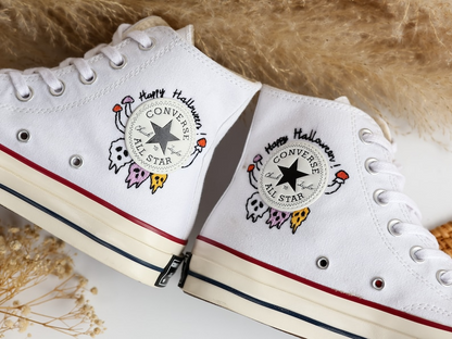 Custom Converse Embroidered, Mushrooms and Ghost Embroidered Shoes, Sugar Skull Embroidered Sneaker, Embroidered Wedding Reception Shoes