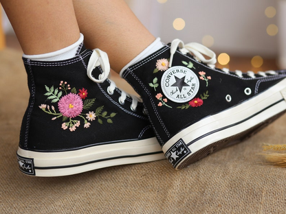 Custom Wedding Sneakers Platform, Pink Flower Embroidered Converse, Daisy Embroidery Bridal Sneakers, Personalized Bride Shoes Wedding