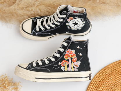 Custom Converse Embroidered Shoes, Converse Embroidery Mushroom, Bee, Colorful Mushroom Garden Embroidered Converse for Men, Mushroom Gifts