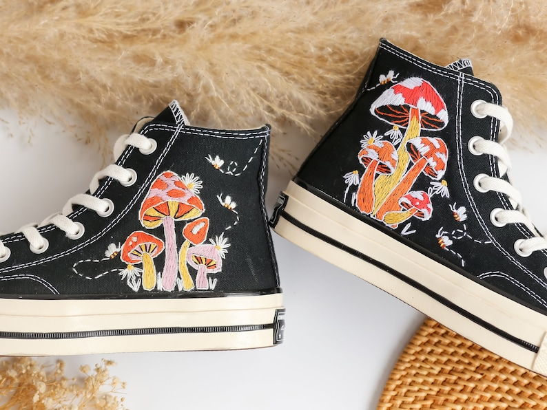 Custom Converse Embroidered Shoes, Converse Embroidery Mushroom, Bee, Colorful Mushroom Garden Embroidered Converse for Men, Mushroom Gifts