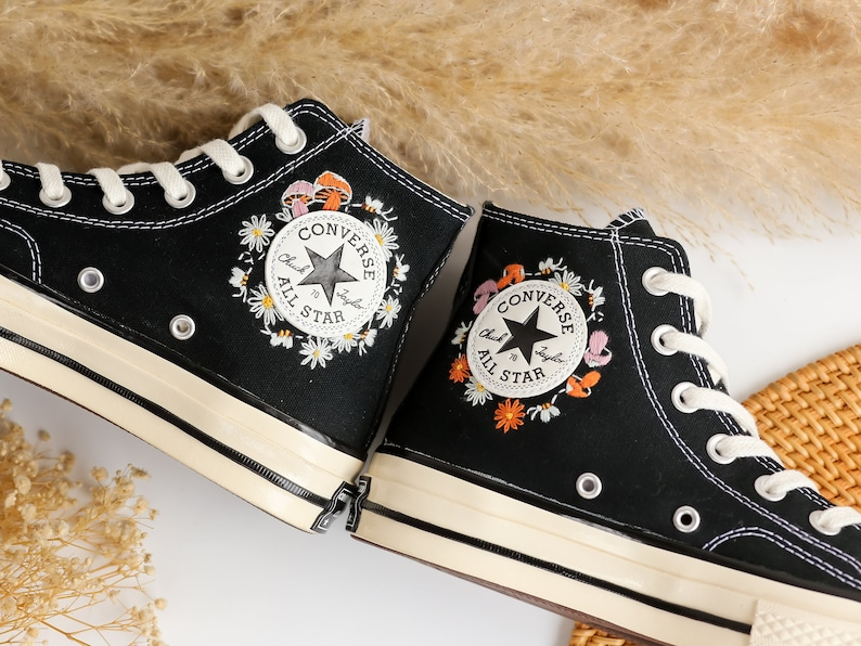 Custom Converse Embroidered Shoes, Converse Embroidery Mushroom, Bee, Colorful Mushroom Garden Embroidered Converse for Men, Mushroom Gifts