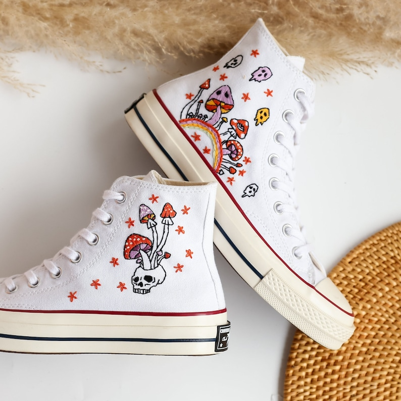 Custom Converse Embroidered, Mushrooms and Ghost Embroidered Shoes, Sugar Skull Embroidered Sneaker, Embroidered Wedding Reception Shoes