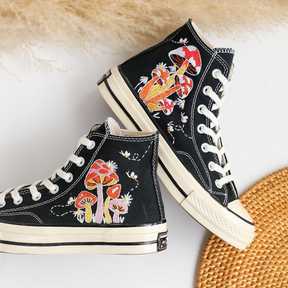 Custom Converse Embroidered Shoes, Converse Embroidery Mushroom, Bee, Colorful Mushroom Garden Embroidered Converse for Men, Mushroom Gifts