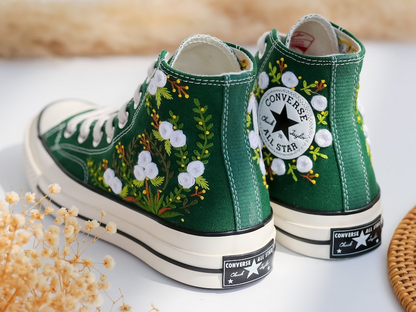 Custom Converse Chuck Taylor Flowers Embroidered Converse, Flowers Embroidered Sneakers Wedding, Floral Embroidered Shoes, Gifts for Couple