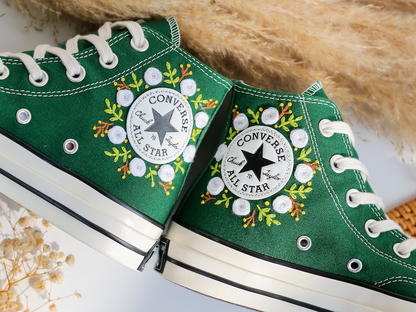 Custom Converse Chuck Taylor Flowers Embroidered Converse, Flowers Embroidered Sneakers Wedding, Floral Embroidered Shoes, Gifts for Couple