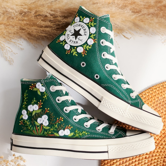 Custom Converse Chuck Taylor Flowers Embroidered Converse, Flowers Embroidered Sneakers Wedding, Floral Embroidered Shoes, Gifts for Couple