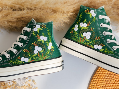 Custom Converse Chuck Taylor Flowers Embroidered Converse, Flowers Embroidered Sneakers Wedding, Floral Embroidered Shoes, Gifts for Couple