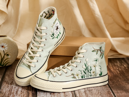 Customized Embroidered Converse High Tops, Flower Embroidered Shoes Women, Personalized Sneakers, Wedding Converse for Bride, Handmade Gift