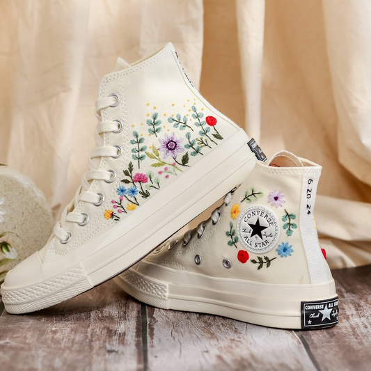 Custom Bridal Flowers Embroidered Converse for Wedding, Flowers Embroidered Sneakers for Bride, Flowers Embroidered Shoes, Wedding Gifts