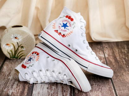 Custom White Converse Chuck Taylor Embroidered, Name And Flowers Hand Embroidered Converse