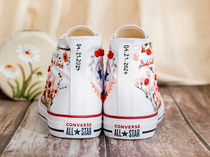 Custom White Converse Chuck Taylor Embroidered, Name And Flowers Hand Embroidered Converse