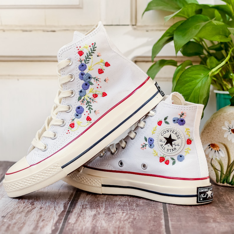 Custom Embroidered Converse Chuck Taylor, Blueberries And Strawbery Hand Embroidered Converse, Wedding Flowers Shoes