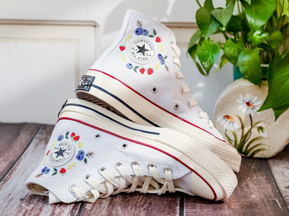 Custom Embroidered Converse Chuck Taylor, Blueberries And Strawbery Hand Embroidered Converse, Wedding Flowers Shoes