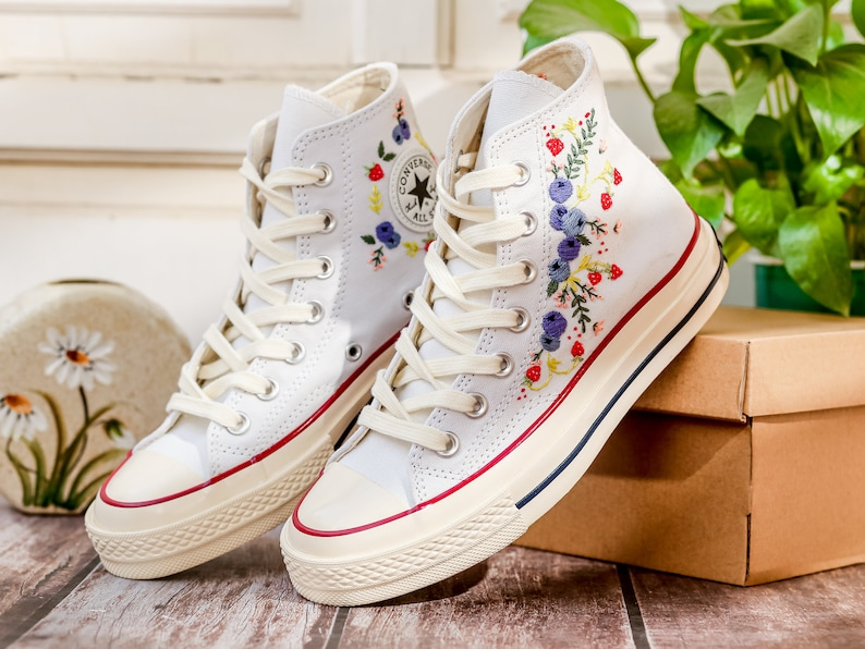 Custom Embroidered Converse Chuck Taylor, Blueberries And Strawbery Hand Embroidered Converse, Wedding Flowers Shoes