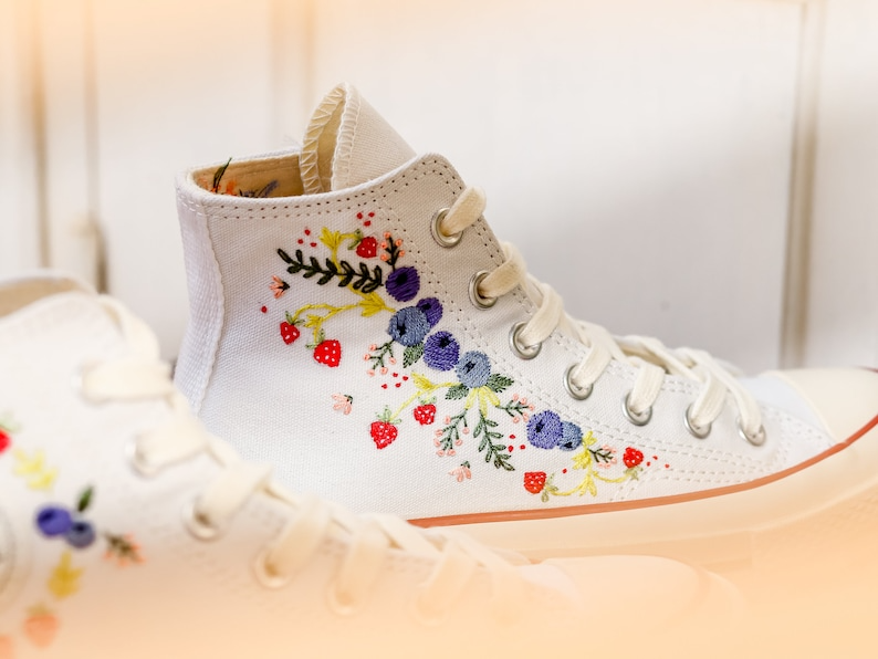 Custom Embroidered Converse Chuck Taylor, Blueberries And Strawbery Hand Embroidered Converse, Wedding Flowers Shoes