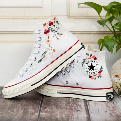 White Wedding Converse Shoes, Bridal Flowers Embroidered Converse, Rose Flower Embroidered Sneakers for Bride, Personalized Bridal Sneaker