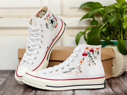 White Wedding Converse Shoes, Bridal Flowers Embroidered Converse, Rose Flower Embroidered Sneakers for Bride, Personalized Bridal Sneaker