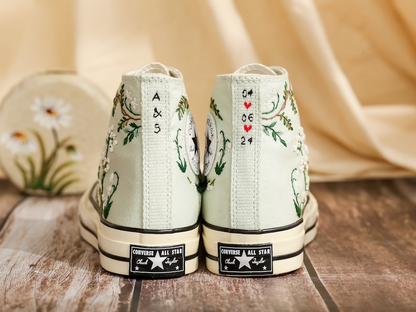 Customized Embroidered Converse High Tops, Flower Embroidered Shoes Women, Personalized Sneakers, Wedding Converse for Bride, Handmade Gift