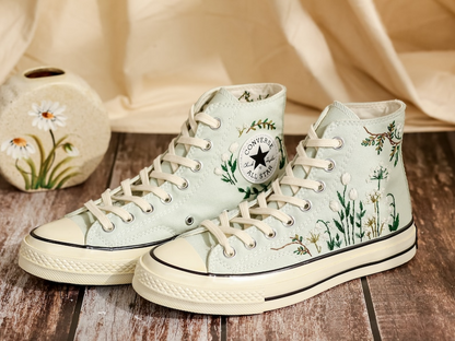 Customized Embroidered Converse High Tops, Flower Embroidered Shoes Women, Personalized Sneakers, Wedding Converse for Bride, Handmade Gift