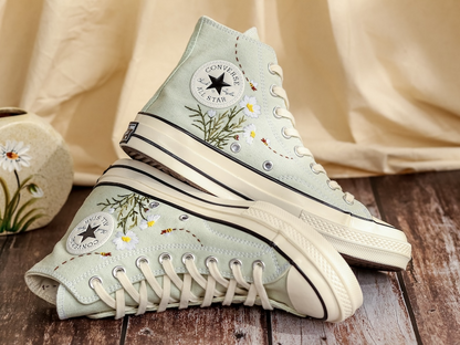 Custom Embroidered Converse Women, Daisy Embroidered Shoes for Bride, Bridal Flowers Embroidered Sneaker for Wedding, Unique Gifts for Her