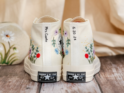 Custom Bridal Flowers Embroidered Converse for Wedding, Flowers Embroidered Sneakers for Bride, Flowers Embroidered Shoes, Wedding Gifts