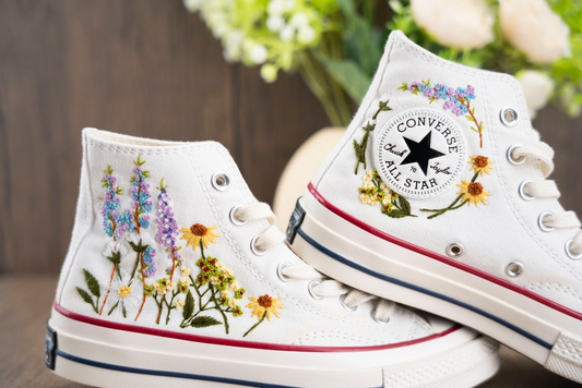 Lavender And Sun Flower Garden Hand Embroidery Converse, Handmade And Customizable, Converse Chuck Taylor 1970s