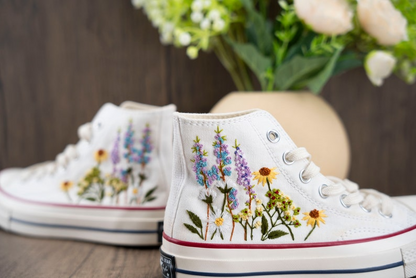 Lavender And Sun Flower Garden Hand Embroidery Converse, Handmade And Customizable, Converse Chuck Taylor 1970s