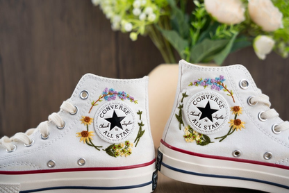 Lavender And Sun Flower Garden Hand Embroidery Converse, Handmade And Customizable, Converse Chuck Taylor 1970s