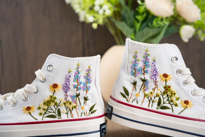 Lavender And Sun Flower Garden Hand Embroidery Converse, Handmade And Customizable, Converse Chuck Taylor 1970s