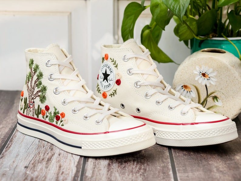 Custom Embroidered Converse High Tops 1970s, Shoes Embroidered With Tree of Happiness And Name, Cactus Embroidered Sneaker, Birthday Gift