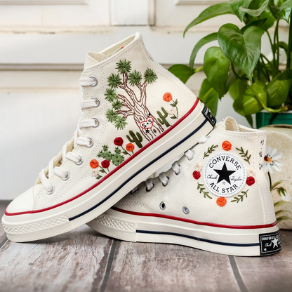 Custom Embroidered Converse High Tops 1970s, Shoes Embroidered With Tree of Happiness And Name, Cactus Embroidered Sneaker, Birthday Gift