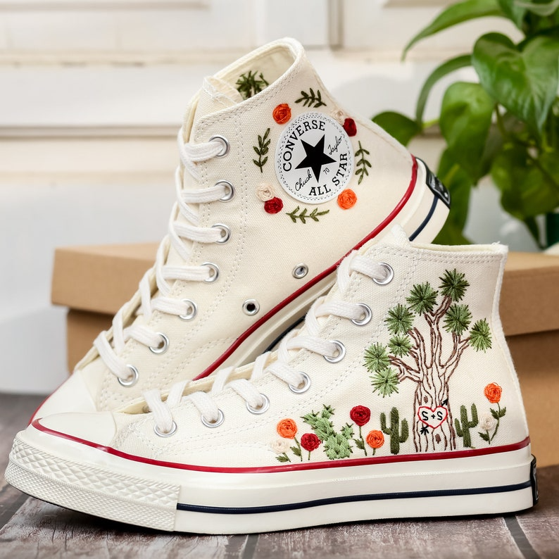 Custom Embroidered Converse High Tops 1970s, Shoes Embroidered With Tree of Happiness And Name, Cactus Embroidered Sneaker, Birthday Gift