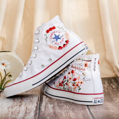 Custom White Converse Chuck Taylor Embroidered, Name And Flowers Hand Embroidered Converse