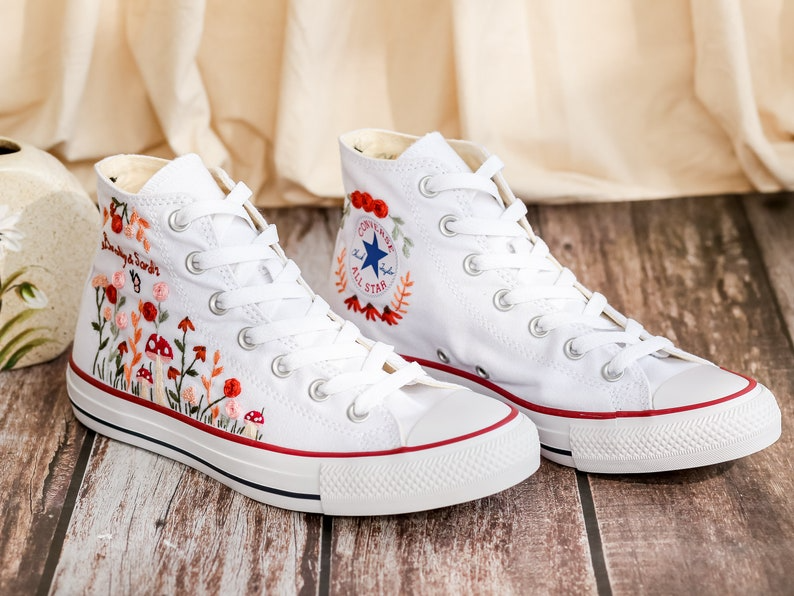 Custom White Converse Chuck Taylor Embroidered, Name And Flowers Hand Embroidered Converse