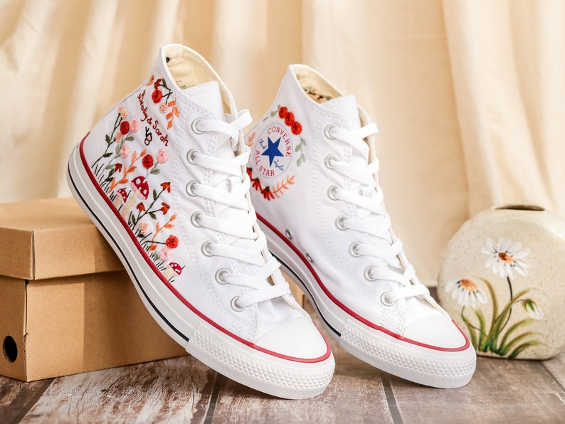 Custom White Converse Chuck Taylor Embroidered, Name And Flowers Hand Embroidered Converse