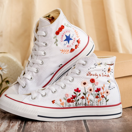 Custom White Converse Chuck Taylor Embroidered, Name And Flowers Hand Embroidered Converse