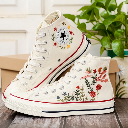 Embroidered Converse, Custom Converse High Top Chuck Taylor 1970s, Converse Embroidered With Flowers And Sun, Personalized Gifts for Her